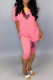 Pink Fashion Casual Letter Print Slit V Neck Short Sleeve Two Pieces