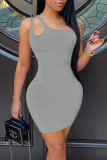 Grey Casual Solid Hollowed Out Patchwork Oblique Collar Pencil Skirt Dresses