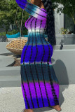 Purple Casual Striped Print Split Joint U Neck Pencil Skirt Dresses