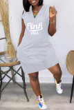 Grey Fashion Casual Letter Print Pocket V Neck Sleeveless Dress Dresses