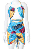 Multicolor Sexy Print Patchwork Draw String Frenulum Fold Halter Sleeveless Two Pieces