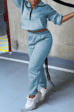 Deep Blue Fashion Casual Solid Zipper Turndown Collar Two Pieces
