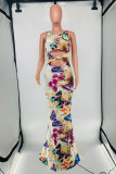 Beige Fashion Sexy Butterfly Print Hollowed Out O Neck Sleeveless Dress