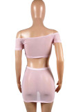 Pink Fashion Sexy Solid See-through Backless Off the Shoulder Sleeveless Two Pieces