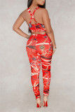 Red Sexy Casual Print Backless U Neck Sleeveless Two Pieces