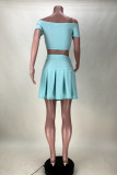 Mint green Sexy Casual Solid Backless Spaghetti Strap Short Sleeve Two Pieces