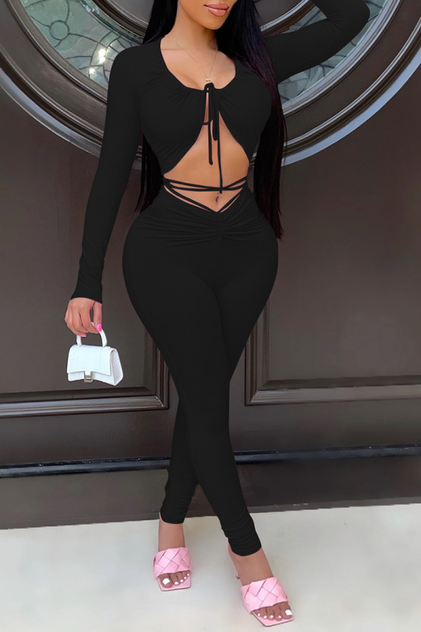Black Sexy Solid Patchwork O Neck Long Sleeve Two Pieces