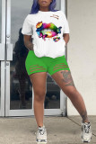 Yellow Fashion Casual Print Ripped O Neck Short Sleeve Two Pieces