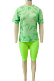 Ink Green Fashion Casual Print Basic O Neck Short Sleeve Two Pieces