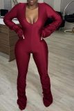 Blue Sexy Solid Fold V Neck Skinny Jumpsuits