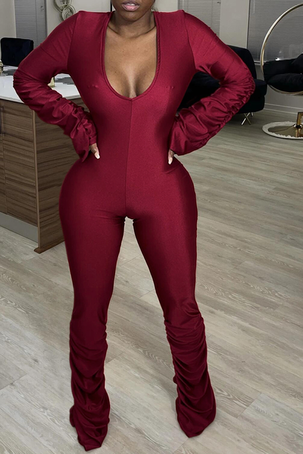 Burgundy Sexy Solid Fold V Neck Skinny Jumpsuits