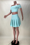 Mint green Sexy Casual Solid Backless Spaghetti Strap Short Sleeve Two Pieces