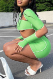 Green Sexy Solid Hollowed Out O Neck Pencil Skirt Dresses