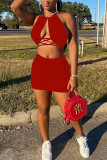 Red Sexy Solid Hollowed Out Draw String Frenulum Halter Sleeveless Two Pieces