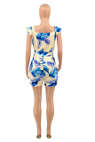 Blue Sexy Print Patchwork V Neck Skinny Rompers