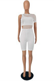 Light Blue Fashion Sexy Solid Hollowed Out See-through O Neck Short Sleeve Two Pieces