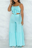 Light Blue Sexy Casual Solid Backless Spaghetti Strap Sleeveless Two Pieces