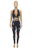 Rose Red Fashion Sexy Print Bandage Backless Halter Sleeveless Two Pieces