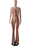 Multicolor Sexy Striped Split Joint Halter Boot Cut Jumpsuits