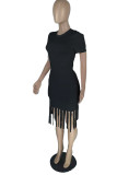 Pink Fashion Casual Solid Tassel O Neck Short Sleeve Dress