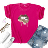 Green Fashion Casual Lips Printed Basic O Neck Tops
