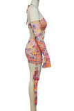Yellow Sexy Print Hollowed Out Patchwork Frenulum Off the Shoulder Irregular Dress Dresses