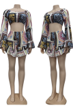 White Sexy Print Patchwork Off the Shoulder Long Sleeve Two Pieces