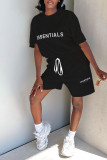 White Fashion Casual Letter Print Basic O Neck Short Sleeve Two Pieces