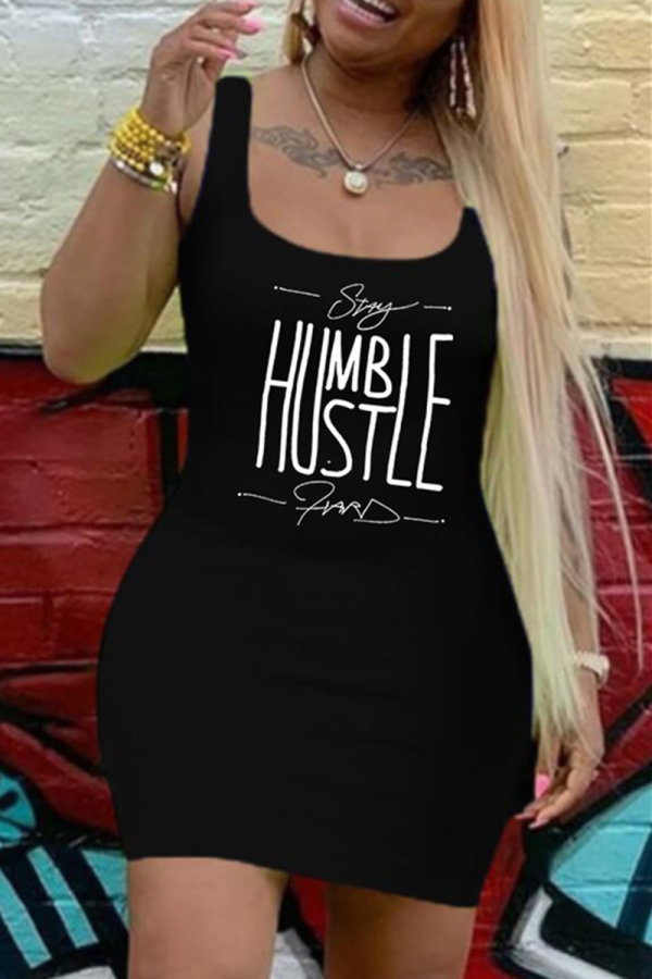 Black Fashion Casual Print Vests U Neck Sleeveless Dress