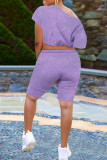 Purple Fashion Casual Print Bandage Oblique Collar Short Sleeve Two Pieces