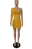 Yellow Sexy Print Letter One Shoulder Long Sleeve Two Pieces