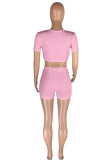 Pink Fashion Casual Solid Bandage V Neck Short Sleeve Two Pieces