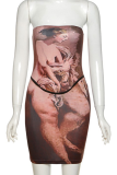 Brown Sexy Print Patchwork Strapless Pencil Skirt Dresses