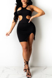 Black Sexy Solid Hollowed Out Asymmetrical Halter A Line Dresses