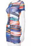 Multicolor Sexy Print Patchwork See-through O Neck Pencil Skirt Dresses