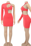 Pink Sexy Solid Hollowed Out Patchwork Asymmetrical Halter A Line Dresses