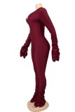 Blue Sexy Solid Fold V Neck Skinny Jumpsuits