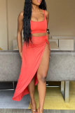 Tangerine Red Sexy Solid Patchwork U Neck Sleeveless Two Pieces