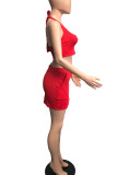 Red Casual Solid Split Joint U Neck A Line Plus Size Two Pieces