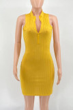 Yellow Casual Solid Patchwork Zipper Half A Turtleneck Wrapped Skirt Dresses