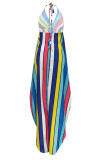 Light Blue Sexy Striped Print Patchwork Backless Asymmetrical Halter Irregular Dress Dresses
