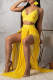 Yellow Sexy Solid Mesh Spaghetti Strap Sleeveless Two Pieces