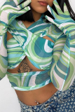 Green Sexy Print Hollowed Out Patchwork O Neck Tops