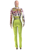 Rose Red Fashion Casual Print Bandage Slit Turndown Collar Long Sleeve Two Pieces