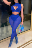 Blue Sexy Solid See-through Mesh O Neck Sleeveless Two Pieces
