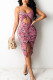 Rose Red Sexy Print Hollowed Out Frenulum Slit Spaghetti Strap Sling Dress Dresses