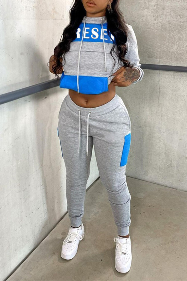 Light Gray Casual Sportswear Print Patchwork Mandarin Collar Long Sleeve Two Pieces