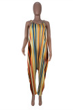 Colour Fashion Casual Striped Print Bandage Spaghetti Strap Loose Jumpsuits