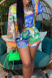 Blue Casual Print Patchwork Turndown Collar Long Sleeve Two Pieces