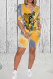 Pink Casual Patchwork Tie-dye V Neck Short Sleeve Two Pieces
